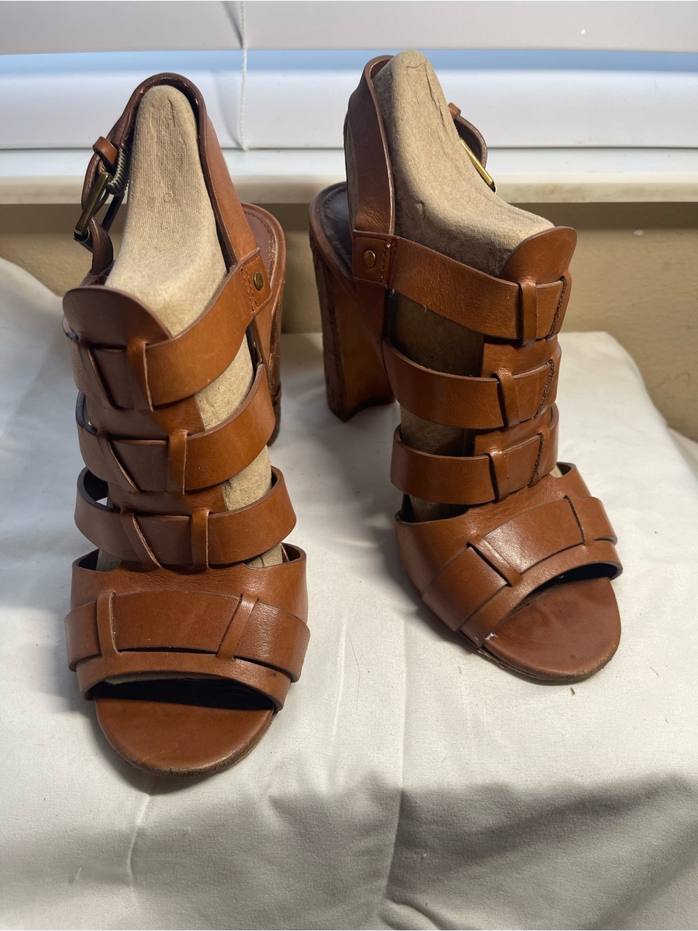 Ralph Lauren Tan Brown Strappy High Heel Sandals
